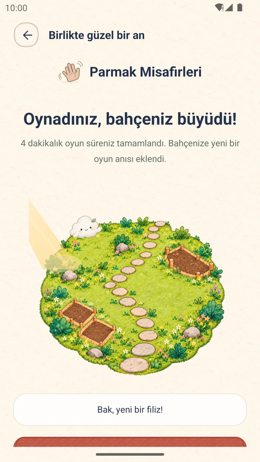 Parmak Misafirleri oyunu tamamlandı: dört dakikalık oyundan sonra bahçede yeni bir filiz.