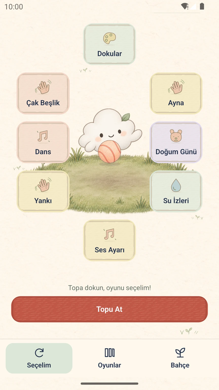 ETAPATİ oyun seçimi ekranı: oyun kartlarının ortasında Bulut ve şeftali renkli top.